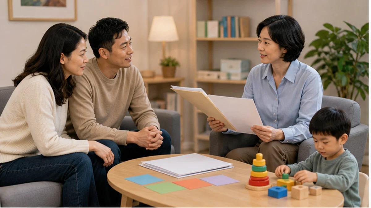 Phụ huynh trao đổi kết quả đánh giá tự kỷ với chuyên viên